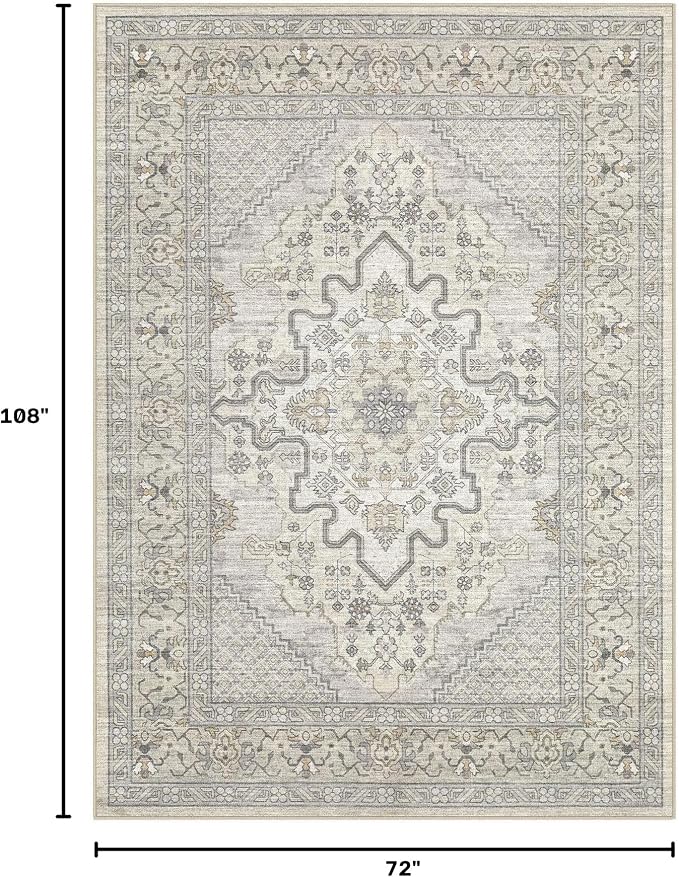 Tortania Area Rug Living Room Rugs - 6x9 Washable Boho Rug Vintage Oriental Distressed Farmhouse Large Thin Indoor Carpet for Living Room Bedroom Under Dining Table Home Office - Beige Linen