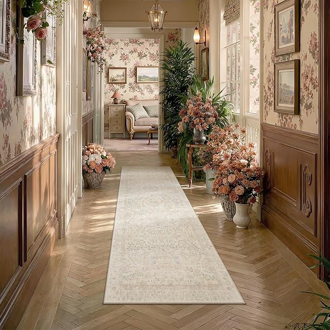 PureCozy 2x6 Beige Area Rug for Kitchen Washable Vintage Floral Carpet Low Pile Non Slip Botanical Aesthetic Soft Accent Throw Rug Entrance Bathroom Bedroom Nursery Office Indoor