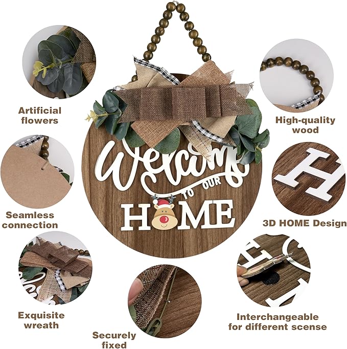 CondorPasea Interchangeable Welcome Door Sign with 16 Different Replaceable Patterns - 12" Round 3D Rustic Wooden Front Porch Decor, Artificial Leaves & Rustic Beads, Farmhouse/Classroom All Seasons Holiday (Christmas Halloween) Welcome Home Hanging Sign