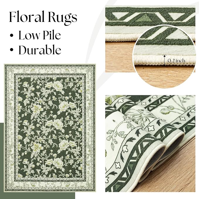 Olive Green Boho 9x12 Rug Living Room Extra Large Washable Non Slip Soft Farmhouse Carpet for Bedroom Dining Room Playroom Cream Beige and Green Peony Lily Aesthetic Pattern Floral Area Rug