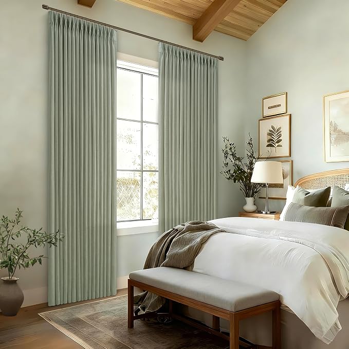 Sage Green 86 Inch Linen Semi Sheer Curtains 2 Panels Set for Bedroom Living Room Dining Pinch Pleated Country Farmhouse Window Drapes Light Filtering Privacy Sliding Door Viral Curtains 50 Inch Wide