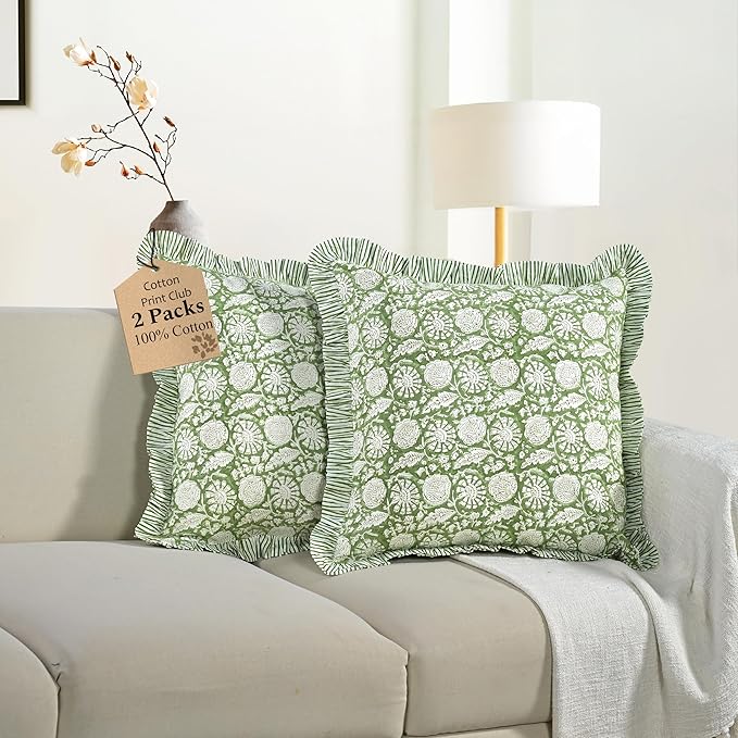 CPC Olive Bloom Hand Block Print 100% Cotton Ruffle Throw Pillow Cover 20x20 inch with Hidden Zipper Decorative for Couch, Bed, Sofa, Farmhouse, Cottagecore Decor Gift Christmas Fall Thanksgiving