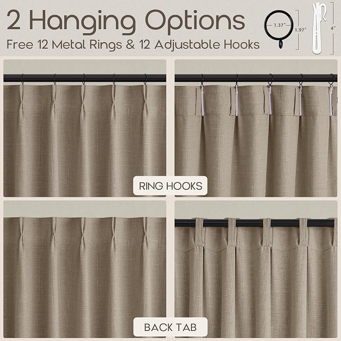 Pinch Pleated Burlywood Birch Curtains 90 Inches 1 Panel Length Taupe Neutral Semi Sheer Privacy Thick Linen Textured Drapes with Rings Memory Shaped Trained Patio Sliding Glass Door Curtains 70x90