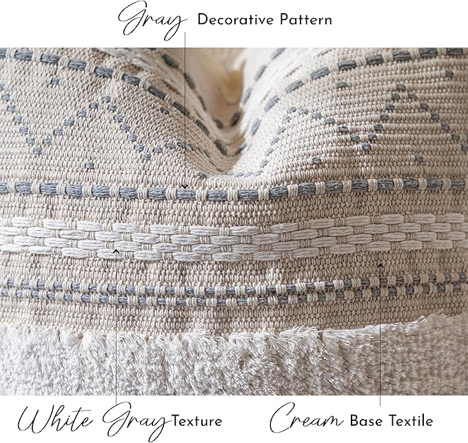 BlissBlush 20X54 Oversized Large Lumbar Pillow Cover for Bed, Rectangular Long Decorative Throw Pillowcase, Cotton Boho Accent Cushion with Gray Tufted Pattern and Tassels, Cream Neutral (Cover Only)