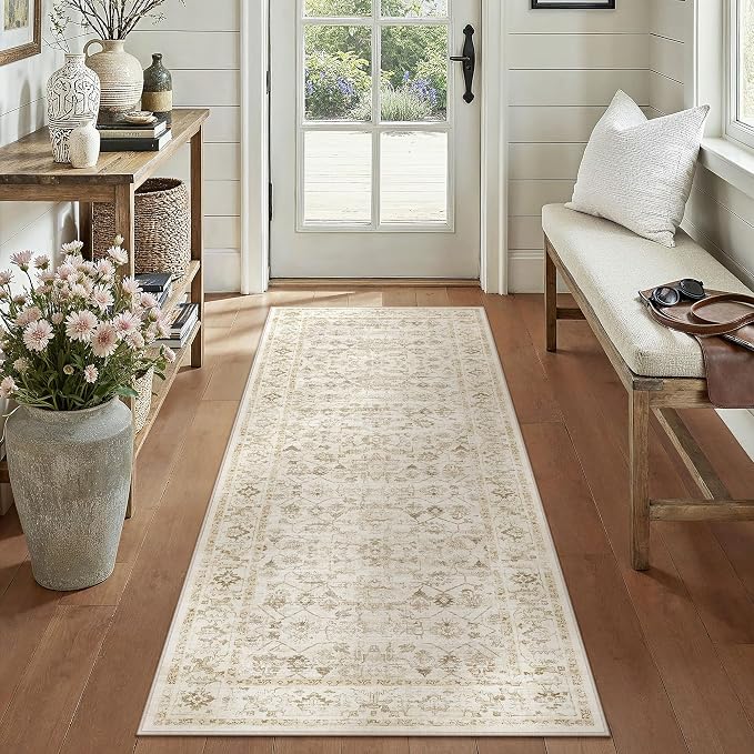 2x6 Beige Washable Neutral Runner Rug for Living Room Soft Floral Non Slip Runner Area Rug Modern Low Pile Stain Resistance Indoor Carpet Doormat Hallway Kitchen Stair Bedroom Bathroom