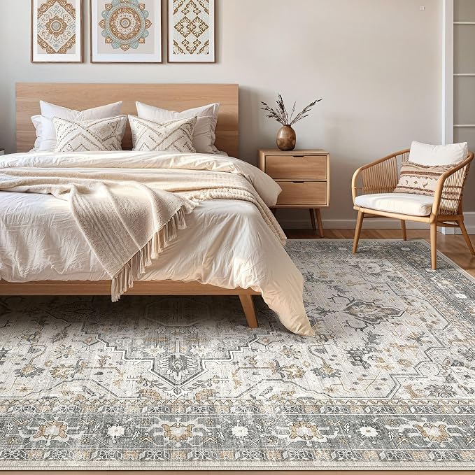 7x10 Area Rug Living Room: Washable Boho Large Neutral Vintage Soft Rugs Stain Resistant Distressed Farmhouse Non-Slip Indoor Floor Carpet for Bedroom Nursery Kids Office Dining Room- Taupe