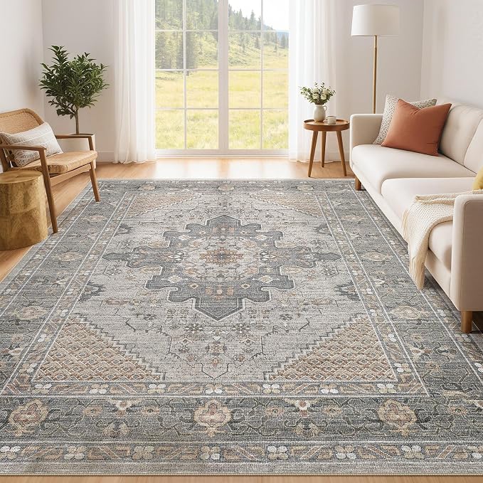 Tortania Area Rug Living Room Rugs - 5x7 Washable Boho Rug Vintage Oriental Distressed Farmhouse Large Thin Indoor Carpet for Living Room Bedroom Under Dining Table Home Office - Brown Gray