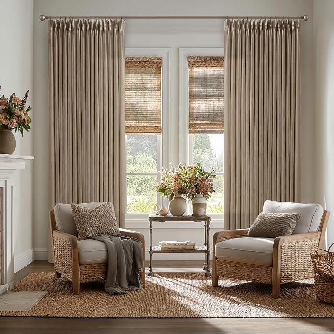 Light Brown 80 Inch Pleated Linen Curtains for Dining Living Room Flax Linen 80 Inches Length Memory Trained Light Filtering Window Drape with Hooks Rings Latte Back Tab Bedroom Curtain 2 Panels 50x80