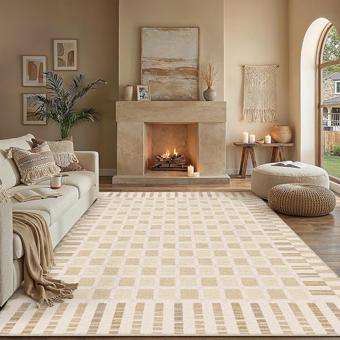 PureCozy Machine Washable Beige 8x10 Area Rugs for Living Room Modern Soft Large Checkered Rug Non-Slip Low Pile Accent Indoor Office Carpet for Bedroom Dining Room Nursery Classroom