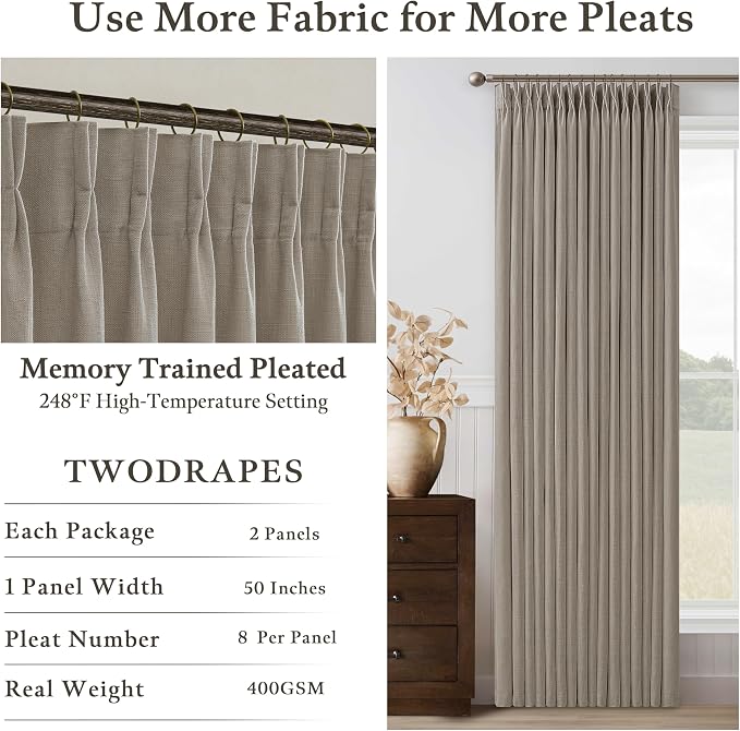 Taupe Pleated Linen Curtains 126 Inches Long for Living Room 2 Panels Set Greyish Beige Flax Pinch Pleat Drapes Back Tab Farmhouse Ceiling Floor 126 Inch Window Curtains Bedroom Burlywood Birch