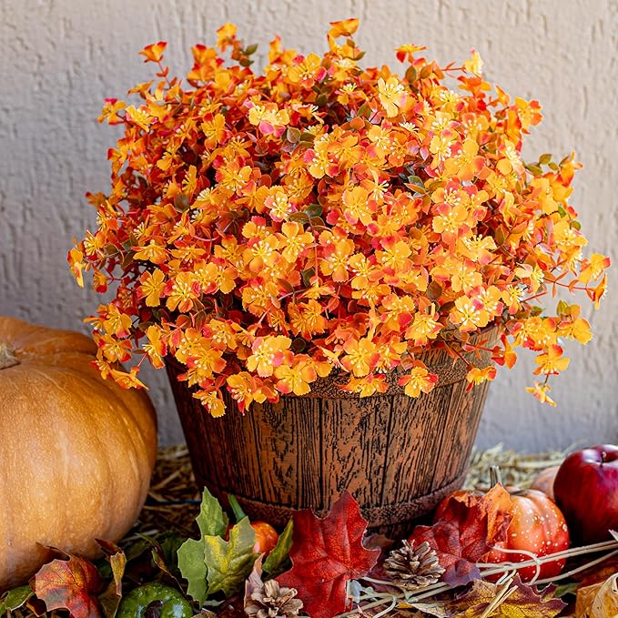 AXYLEX Artificial Fall Flowers Outdoor Fake Mums - 12 Bundles Fake Plants UV Resistant No Fade Faux Plastic Greenery Garden Porch Patio Fall Home Decor(RedOrangeYellow)