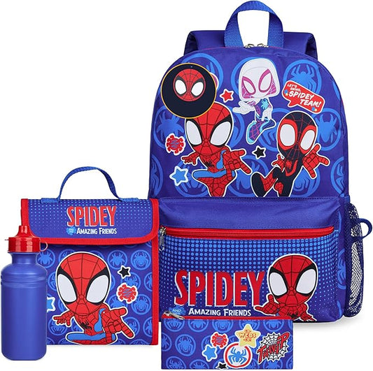 Marvel Spiderman Backpack Set 4 Pcs Water Bottle Pencil Case Lunch Bag or Wallet Key Ring School Supplies Gifts for Kids (Spidey)