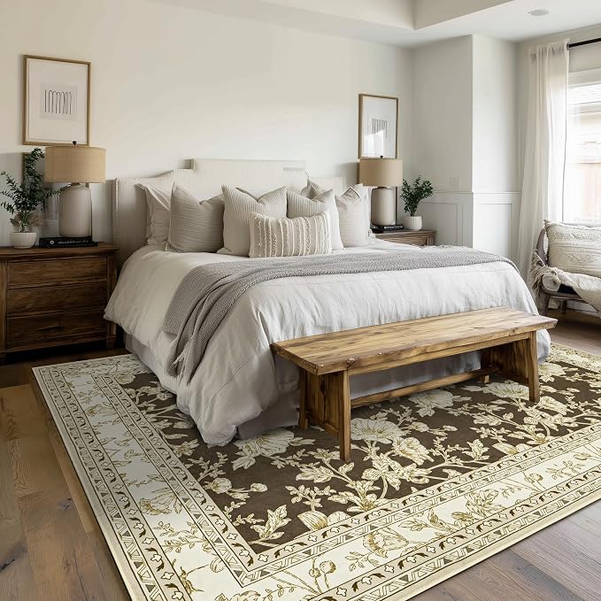 Browm Farmhouse Washable 9x12 Area Rugs for Living Dining Room Bedroom Office Kitchen Table Large Rug for Under Table, Beige Cream Taupe Sketch Pattern Floral Vintage Boho Farmhouse Home Decor