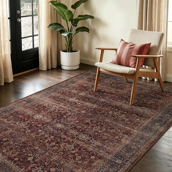 Brick Red 4x5 Area Rugs, Washable Non Slip Throw Rugs for Kitchen Bathroom Entryway, Low Pile Thin Print Carpet Rug for Foyer/Nursery/Home Office/Living Room/Bedside, Vintage Farmhouse