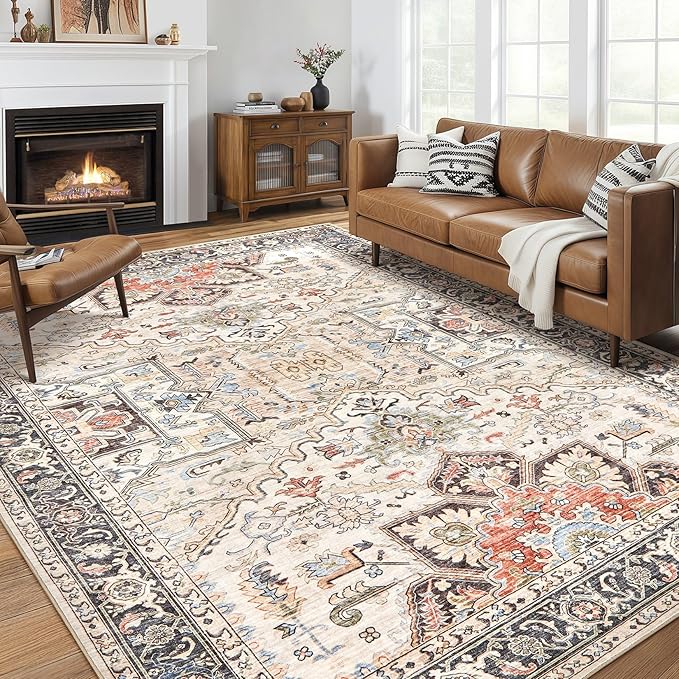 11x14 Area Rugs for Living Room - Large Carpet Ultra Thin Soft Washable Oriental Vintage Floral Distressed Big Indoor Carpets for Bedroom Nursery Dorm Home Decor Aesthetic - Multi Color