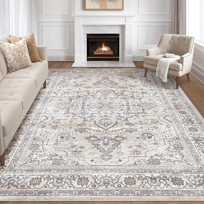 7x9 Area Rug Living Room: Washable Boho Large Neutral Vintage Soft Rugs Stain Resistant Farmhouse Non Slip Indoor Floor Carpet for Bedroom Nursery Kids Playroom Office Dining Room- Ivory Gray