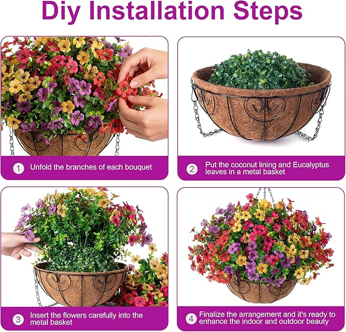 HyeFlora 2 Set Artificial Outdoor Flowers Hanging Basket, Faux Hanging Plants for Outside Spring Decoration, Fake Silk UV Resistant Look Real Daisy for Porch Patio Home Decor