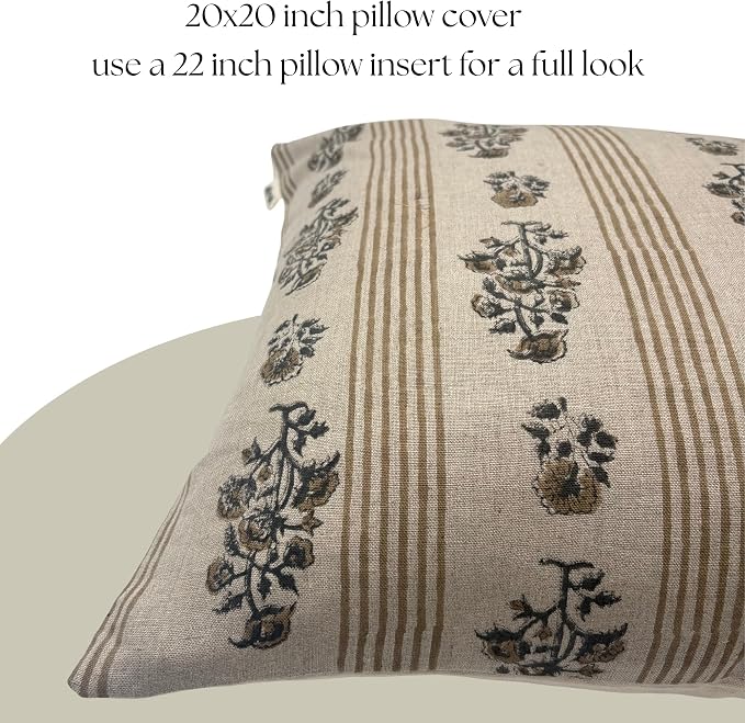 Linen Throw Pillow Covers 20x20 inch Floral Pillows Stripe Spring Decorative Pillow Covers for Living Room, Bedroom