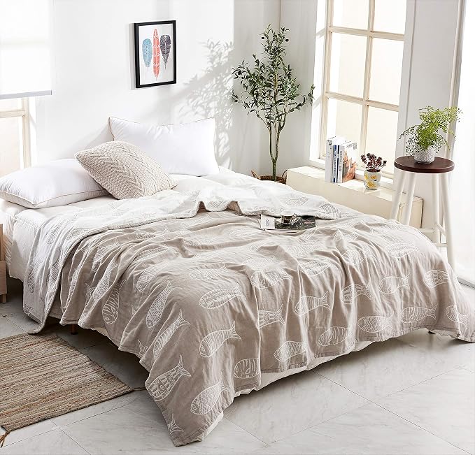MEJU Fish Gray Muslin Lightweight Summer Blanket for Bed Sofa Couch 100% Combed Cotton 3 Layer Soft Warm Quick Dry Throw Blanket Bedspread Bed Coverlet Sheet Full Queen 80 in X 90 in