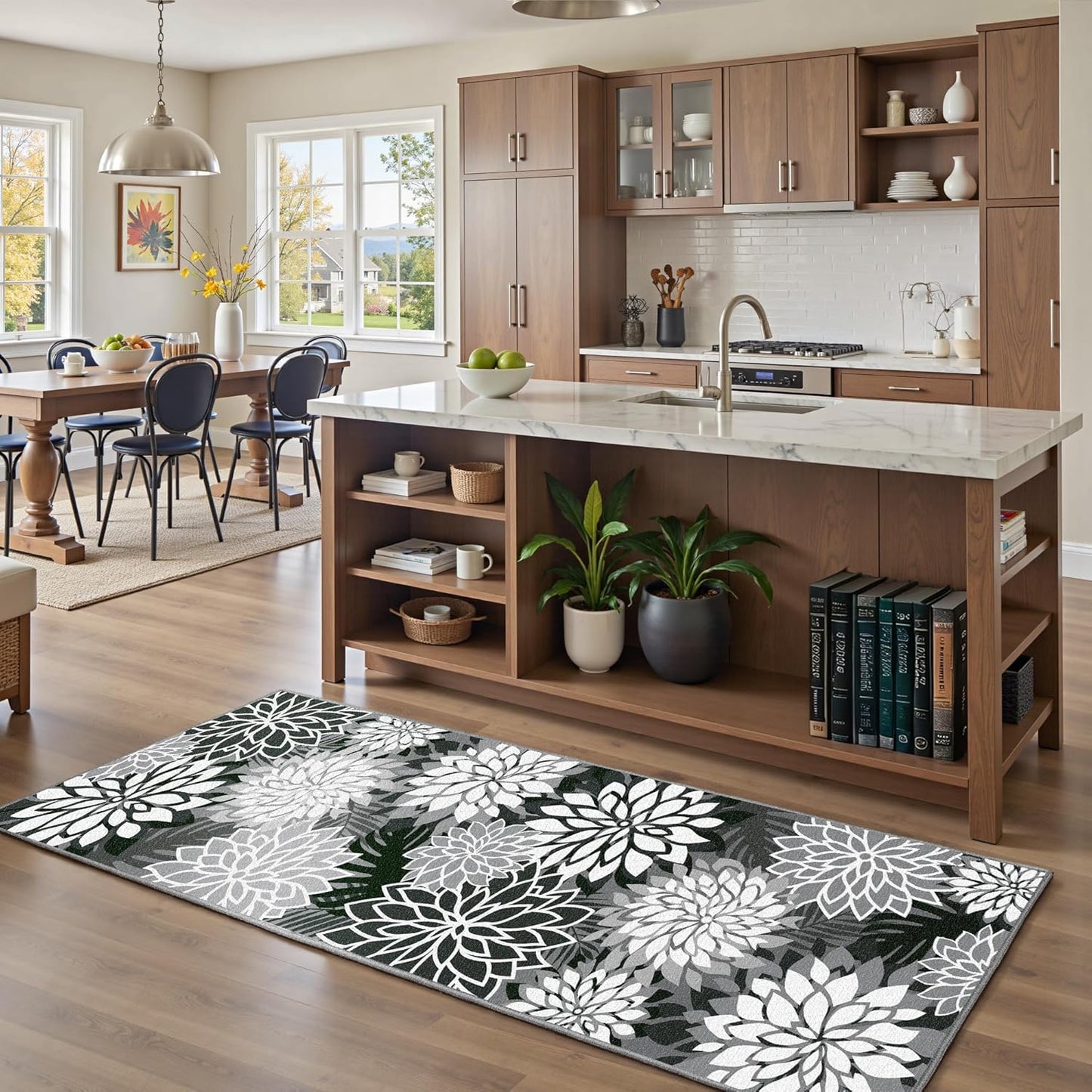 Area Rug 2x6 Black White Washable Entry Rug Multicolored Tropical Botanical Modern Floral Indoor Kitchen Door Mat Entrance Carpet Non Slip for Bedroom Living Room, Porch