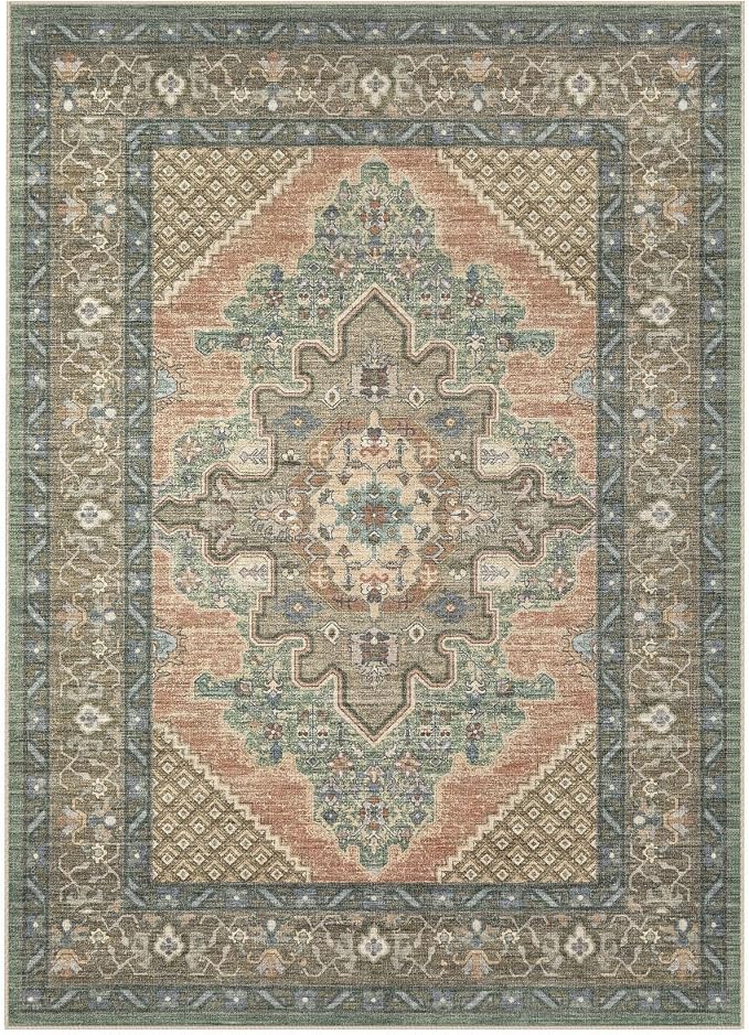 Tortania Area Rug Living Room Rugs - 12x15 Washable Boho Rug Vintage Oriental Distressed Farmhouse Large Thin Indoor Carpet for Living Room Bedroom Under Dining Table Home Office - Sage Terracotta