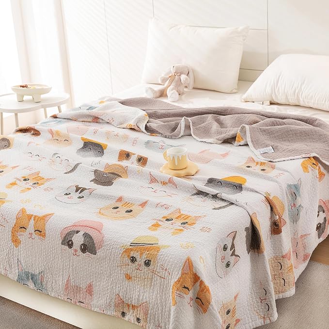 MEJU Kitty Cats Modern Cute Kids Child Big Girls Muslin Blanket Throw Indoor for Bed Sofa Couch, 100% Combed Cotton Soft Summer Lightweight Throw Blanket Bed Coverlet Quilt Full Queen 80 in x 90 in