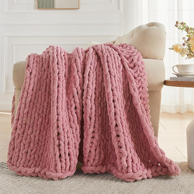 Carriediosa Chunky Knit Throw Blanket 60" X 80" Twin, 100% Hand Made Large Chenille Loop Yarn Soft Fluffy Throws for Couch Sofa Bed, Big Crochet Cozy Heavy Thick Cable Woven Blanket, Mauve