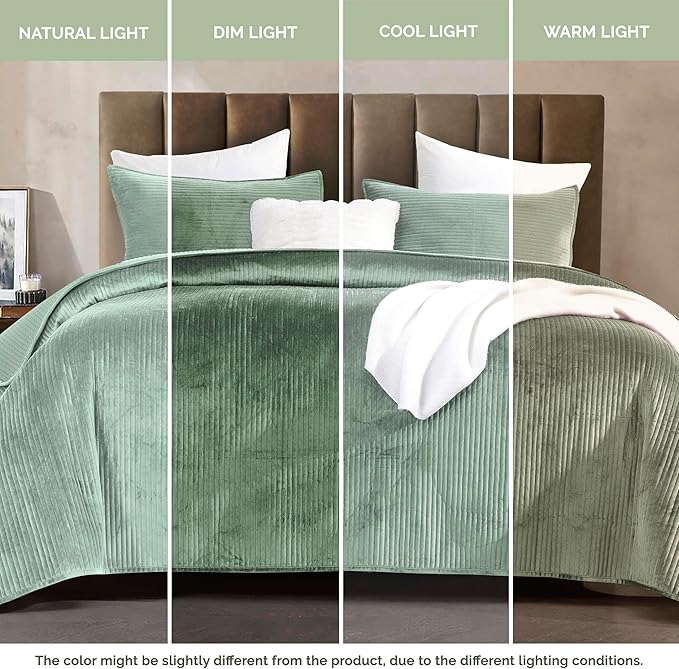 Elegant Comfort Luxury 3-Piece Velvet Corduroy Stripe Quilt Set, Ultra Soft Bedspread - Cozy Velvet Coverlet Set - 3PC Medium Weight Quilted Set with Matching Pillow Shams, Twin XL, Smoke Green