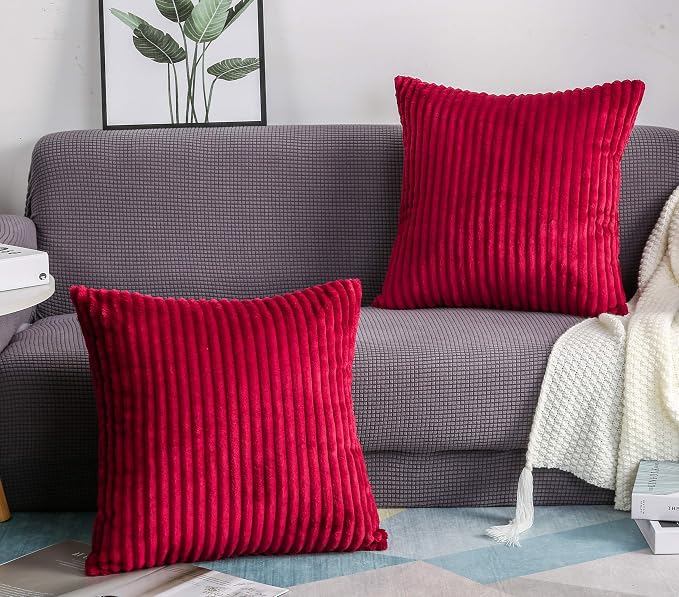 TangDepot Velvet Big Corduroy Pillow Covers 28x28 Deep Red 2-Pack | Soft wide-stripe corduroy pillow cover, hidden zipper, machine washable, easy refresh, for bedroom living room indoor outdoor