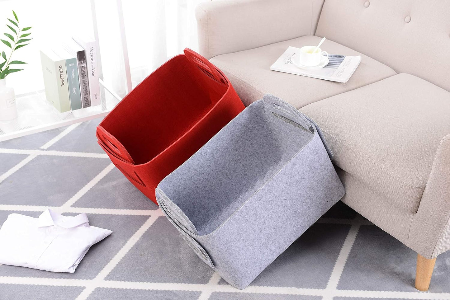 Storage Basket Felt Storage Bin Collapsible& Convenient Box Organizer with Carry Handles for Office Bedroom Closet Babies Nursery Toys Laundry (Light grey, 19.9inch（L）×13.6inch（W）×12.6inch（H）)