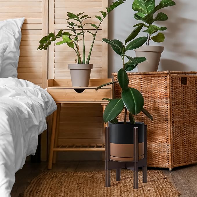 D'vine Dev Ceramic Planter with Walnut Color Stand - 8 Inch Modern Round Flower Pot with Wood Planter Holder, Black/Speckled Tan, 55-B-Y-7