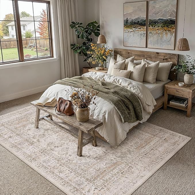 6x9 Washable Area Rug Beige Vintage Non Slip Soft Low Pile Rug for Living Room Bedroom Dining Room Office Distressed Oriental Indoor Throw Carpet for Home Decor