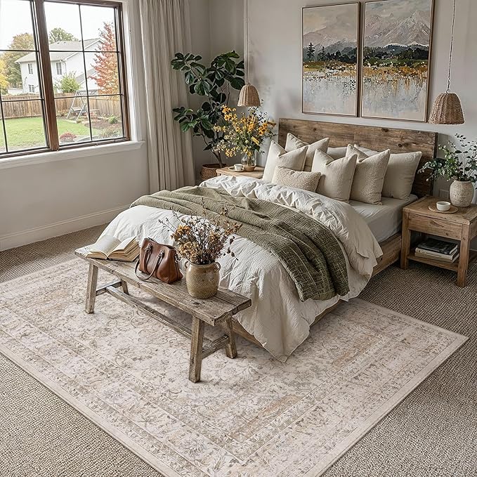 12x15 Washable Area Rug Beige Vintage Non Slip Soft Low Pile Rug for Living Room Bedroom Dining Room Office Distressed Oriental Indoor Extra Large Throw Carpet for Home Decor