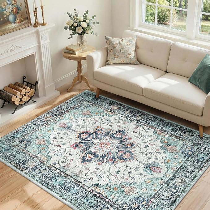 RELEANY Area Rugs 4'x5' Washable Non-Slip, Floral Vintage Distress Print Pattern Medallion Carpet for Living Room Bedroom Dining Room, Green Navy Blue White Red Teal Colorful
