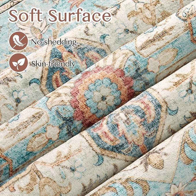 Tortania Area Rug Living Room Rugs - 12x15 Washable Boho Rug Vintage Oriental Distressed Farmhouse Large Thin Indoor Carpet for Living Room Bedroom Under Dining Table Home Office - Aqua Multi