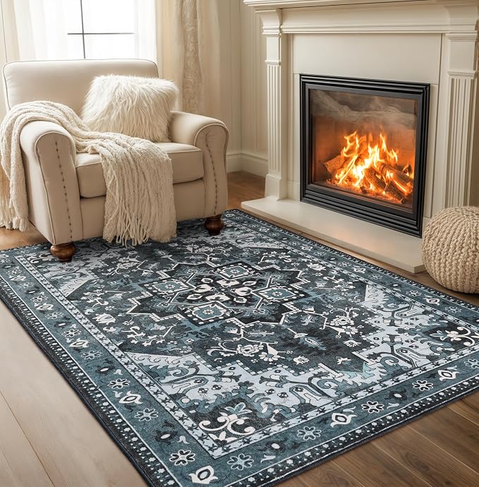 Rugflix 3x5 Area Rugs Machine Washable, Dark Navy Blue Carpet for Entryway, Oriental Indoor Area Rug Low Pile, Small Soft Thick Carpets Non Slip, Farmhouse Vintage Rug for Kitchen Laundry Room