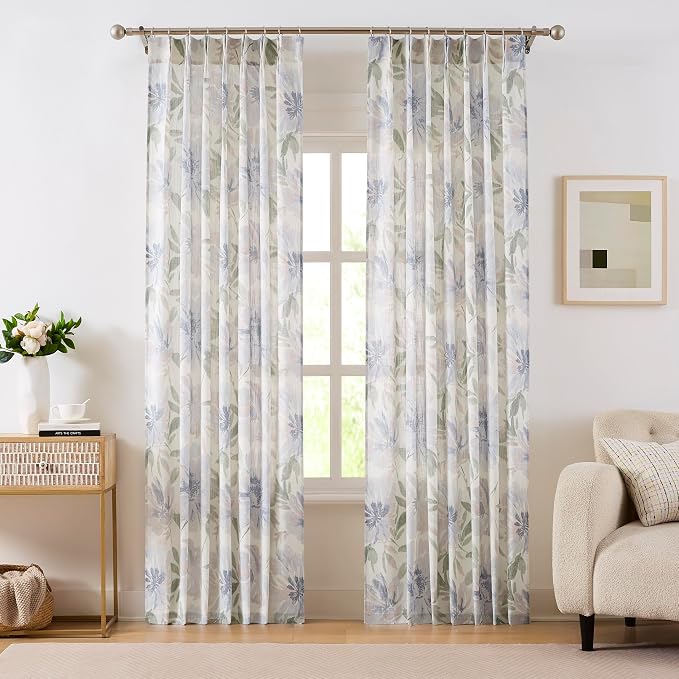 Kayne Studio Pinch Pleated Light Filtering Curtains Floral Semi Sheer Drapes for Living Room Bedroom 84 Inches Long Blue Flower Printed Botanical Pattern Back Tab Window Treatment Set,40"x84",2 Panels