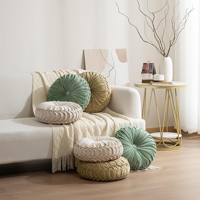 HIG Set of 2 Decorative Round Pleated Throw Pillows,Classy Accent Pumpkin Throw Pillows with Center Button,Vintage Velvet Floor Pillows for Sofa Vanity Chair Bed,Apricot,14.5" Diameter(Ripple)