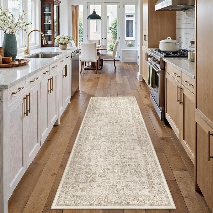 PureCozy Light Brown Runner Rug 2'6"x8' Washable Carpet for Hallway Kitchen Vintage Distressed Non Slip Indoor Retro Floral Bedroom Accent Throw Long Rug Bathroom Office Laundry Dining Living Room