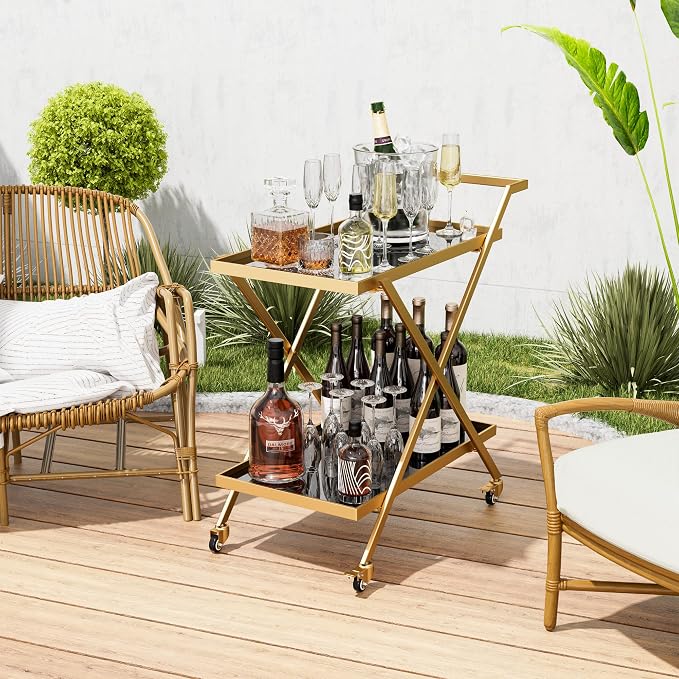 Crofy Gold Finish Bar Cart on Wheels, No-Tool Assembly 2-Tier Serving Cart with Black Tempered Glass Shelves & Locking Casters - Mobile Snack/Drink Cart for Home Bar, Kitchen, Parties