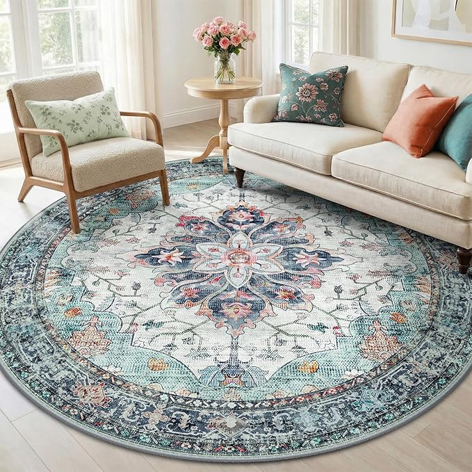 RELEANY Area Rugs 6ft Washable Non-Slip, Floral Vintage Distress Print Pattern Medallion Carpet for Living Room Bedroom Dining Room, Green Navy Blue White Red Teal Colorful