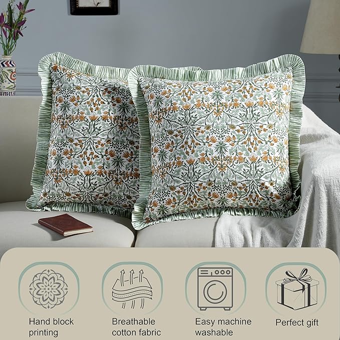 Ridhi Block Print Goldenrod Yellow Throw Pillow Cover 24" x 24" (Pack of 2) Decorative Cushion Covers with Ruffle for Couch, Sofa, Bed, Living Room, Home Decor Gift for Spring, Easter, Valentine