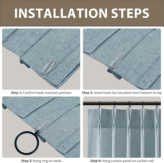 Guken Light Blue Pinch Pleated Linen Curtains 102 Inches Long 2 Panels for Living Room Bedroom Farmhouse Modern Back Tab Privacy Light Filtering Semi Sheer Pinch Pleat Drapes with Hooks Rings 40x102
