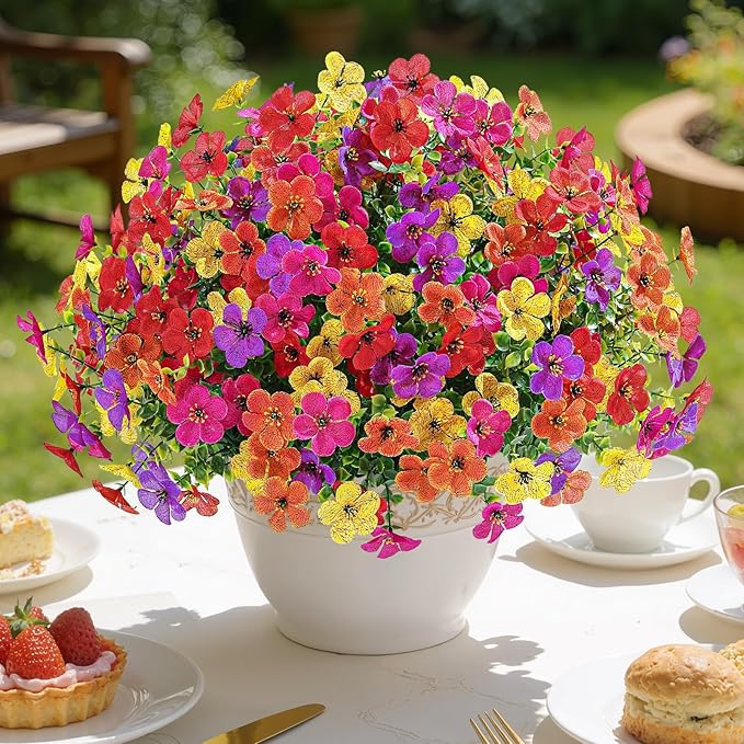 Alupssuc 20 Bundles Artificial Flowers for Outdoor Indoor Decoration, UV Resistant No Fade Fake Plants Eucalyptus, Colorful Faux Spring Flowers for Outside Yard Porch Patio Garden Home Window Box