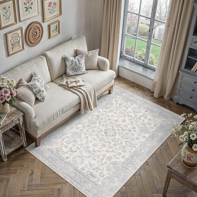 5x7 Blue Washable Area Rug for Living Room Bedroom Neutral Soft Floral Non Slip Large Throw Rug Lightweight Vintage Low Pile Distressed Carpet Office Playroom Dining Room