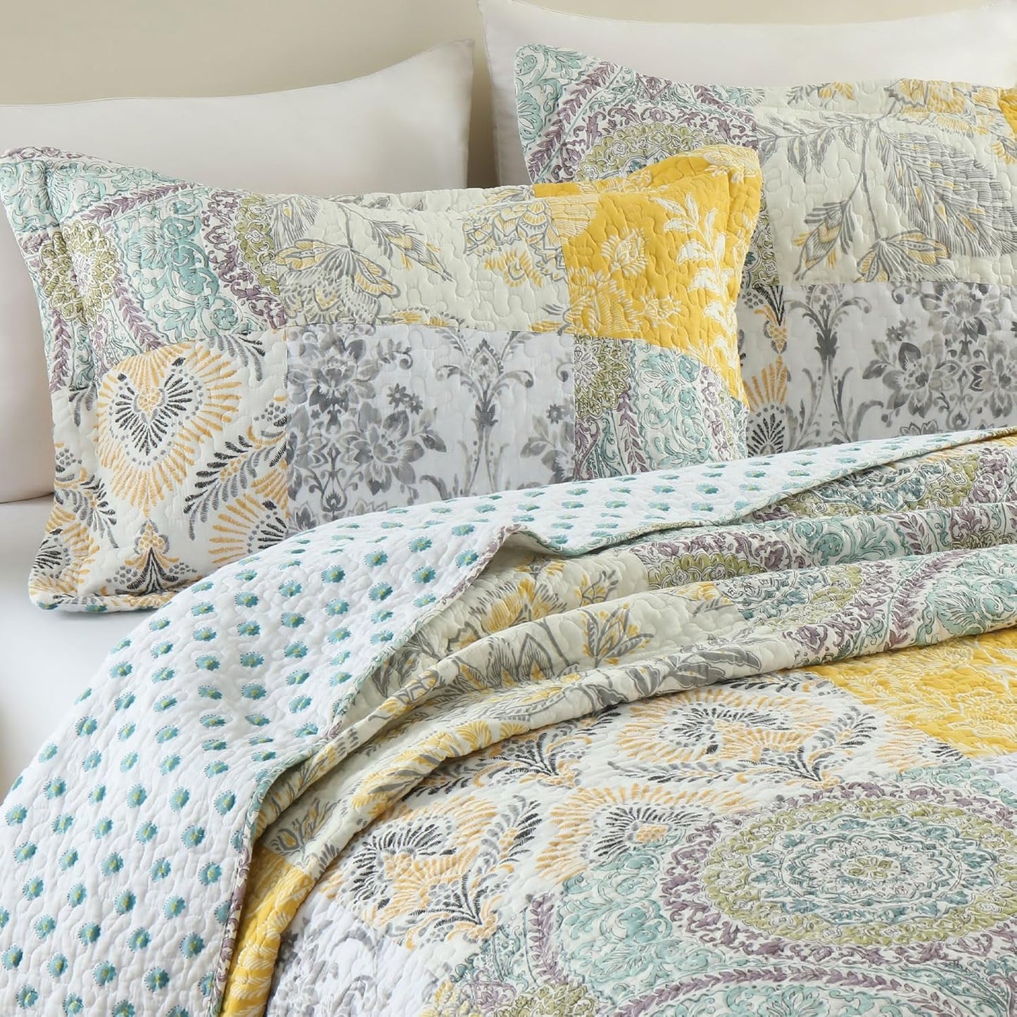 Secgo King Size Comforter Set- 100% Cotton Quilt King Size Set, Green, Sage bedspreads (96 * 108 Inch) with 2 Pillow Shams, Patchwork Reversible Lightweight Bedding