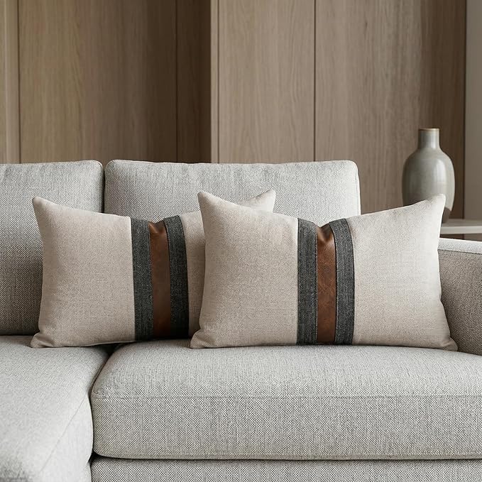 BOYSUM Set of 2 Leather Throw Pillow Covers Lumbar Cotton Linen Decor Patchwork Pillow Cover Faux Leather Pillows Cover for Couch Sofa Living Room Bedroom,Beige 12"x20"