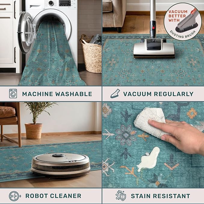 Boho 2x8 Non Slip Kitchen Runner Rugs -Machine Washable Non Skid Vintage Carpet for Hallway, Entryway, Non Slip with Rubber Backing, Floral Aqua Blue Unique Runner Décor (Teal)