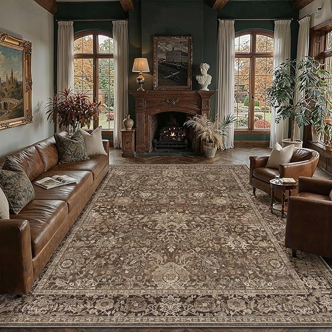 HUGEAR Area Rugs 9x12 Brown Washable Rug for Living Room Bedroom Large Neutral Vintage Rug Carpet Distressed Soft Durable Non Slip No Shedding for Indoor Dining Nursery Farmhouse