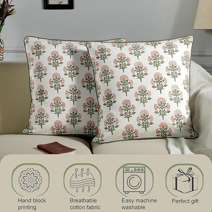 Ridhi Block Print Mughal Buta Peach Pillow Cover 18" x 18" (Pack of 2) Decorative Couch Pillows for Living Room, Chic Boho Cute Outdoor Pillows Covers Gifts for Spring, Easter and Valentine